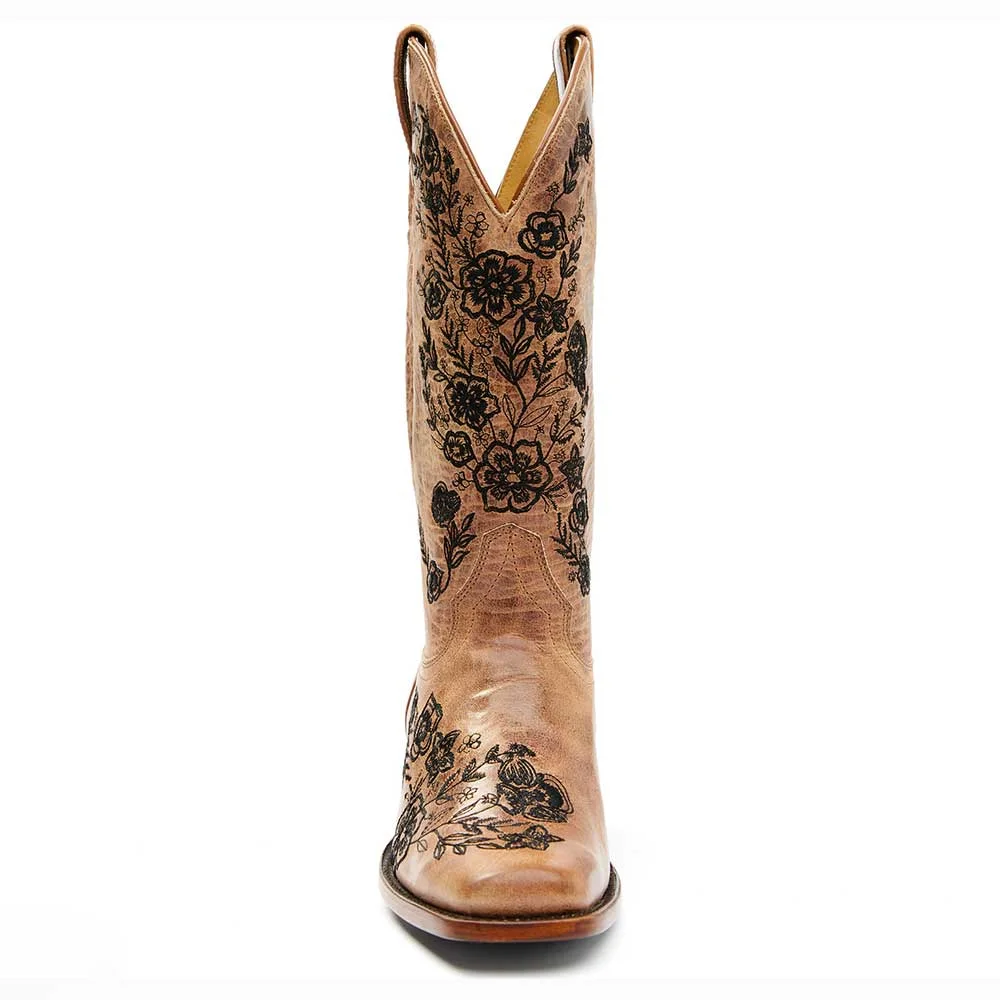 Flowered Square Toe Cowgirl Boots - Brown main image 1
