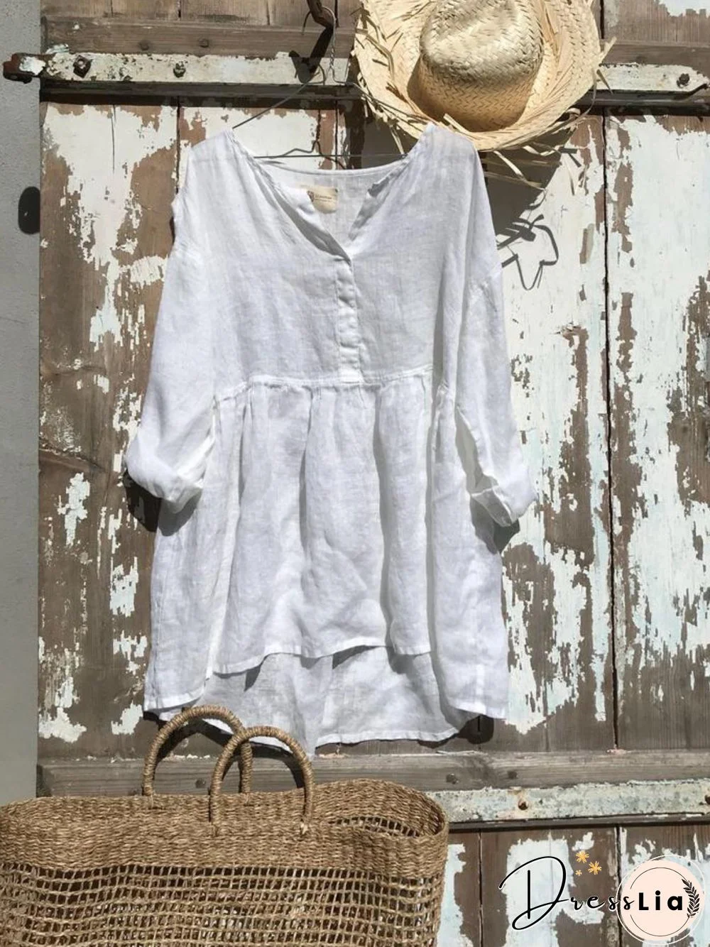 White Casual Plain Cotton V Neck Tops