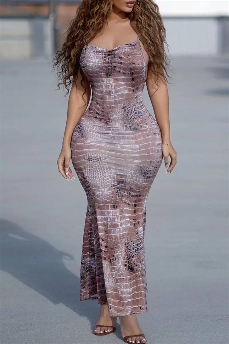 Fashion Sexy Print Backless Spaghetti Strap Long Dress