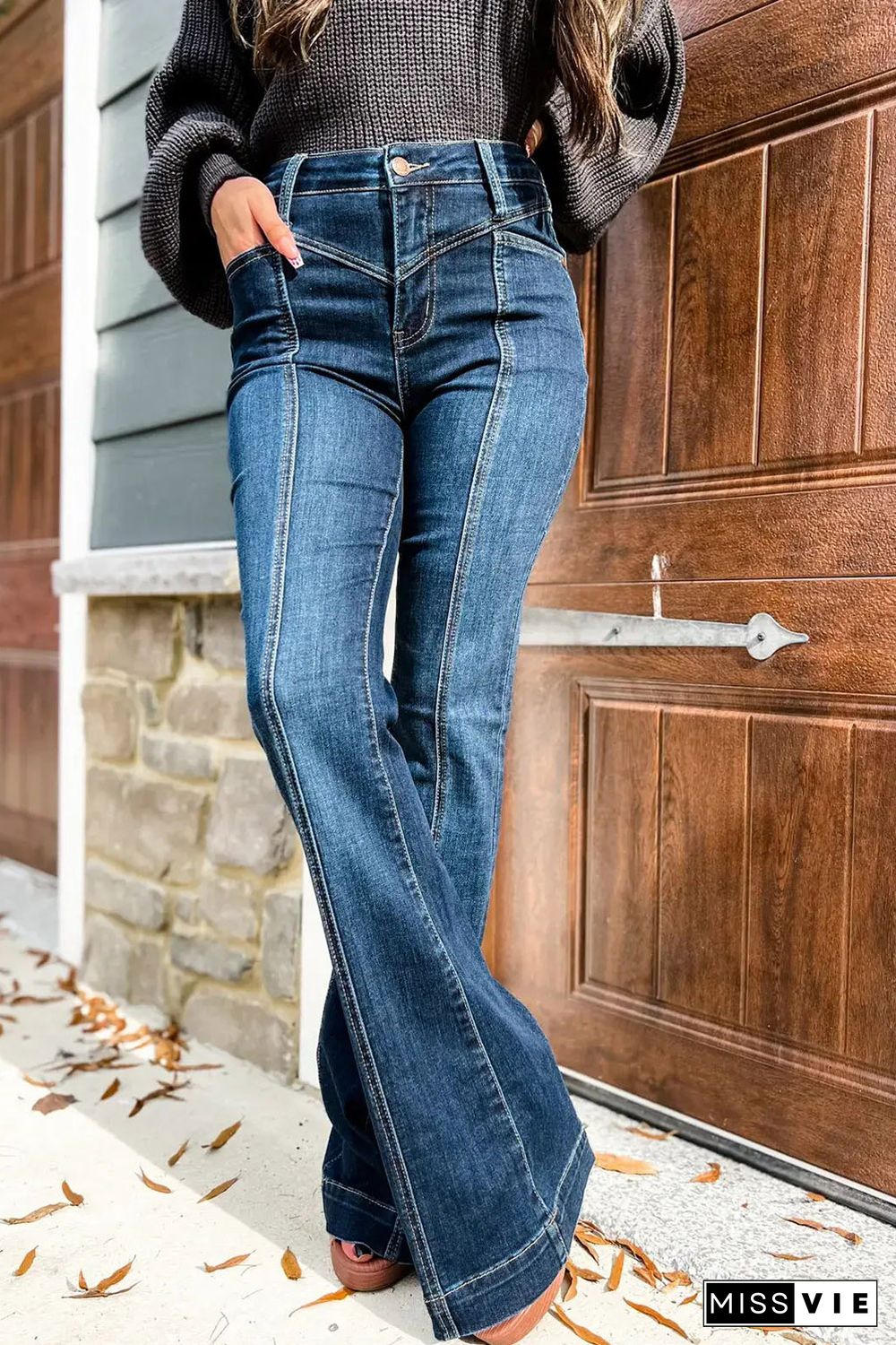 Blue High Waist Seam Stitching Pocket Flare Jeans