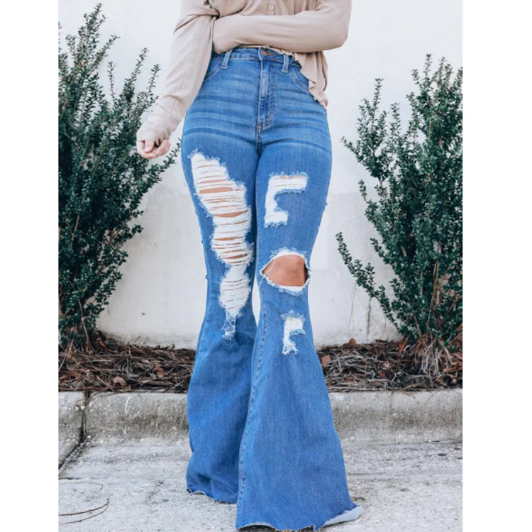 Womens Plus Size Jeans High Waist Ripped Flared Pants Hole Sexy Solid Casual Baddie 
 Denim Trousers