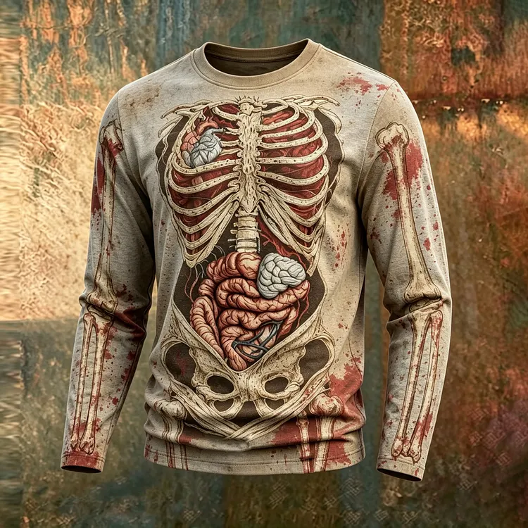 Men's Halloween Human Anatomy Bloody Print Crew Neck Long Sleeve Casual T-shirt