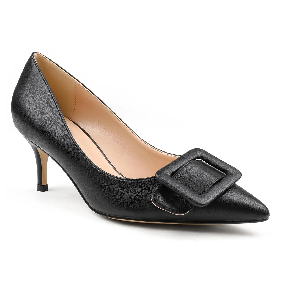 60mm Pointed Toe Square Buckle Decoration Kitten Heels Daily Pumps for Women Matte-MERUMOTE