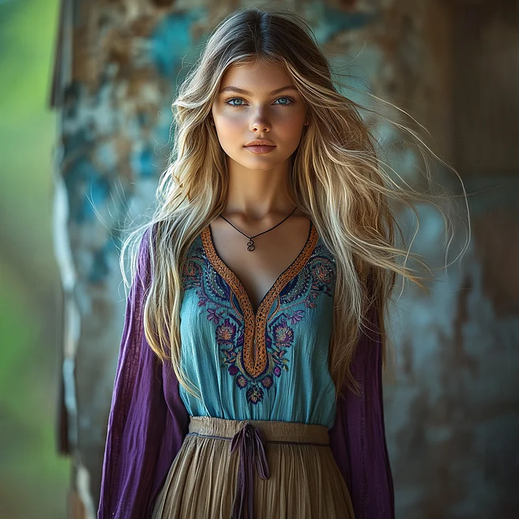 Vintage Floral Tribal Embroidery Art Linen Blend Cozy Tunic