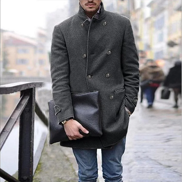 Casual Double-Breasted Pockets Stand Collar Long Sleeve Overcoat