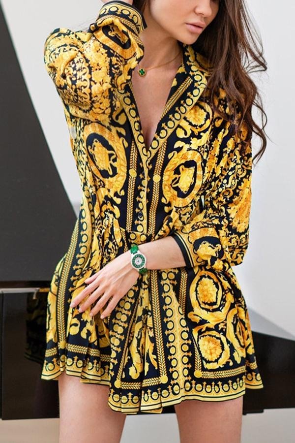 Womens Shirt-collar Paisley Print Sexy Party Dress-Allyzone-Allyzone