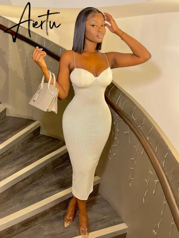 Aiertu Backless Solid Sleeveless Revealing Midi Strips Dress Spring Bodycon Sexy Streetwear Party Club Outfits Y2K Aiertu