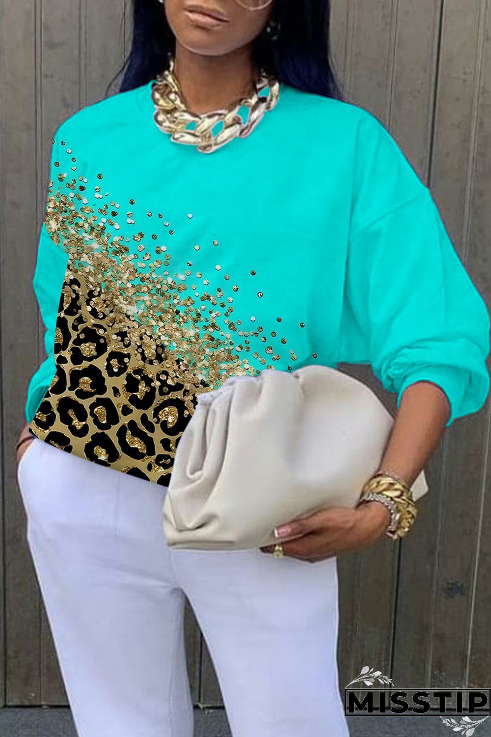 Blue Casual Street Print Patchwork O Neck Tops