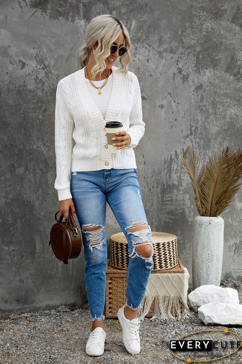 White Buttons Weave Knit Cardigan