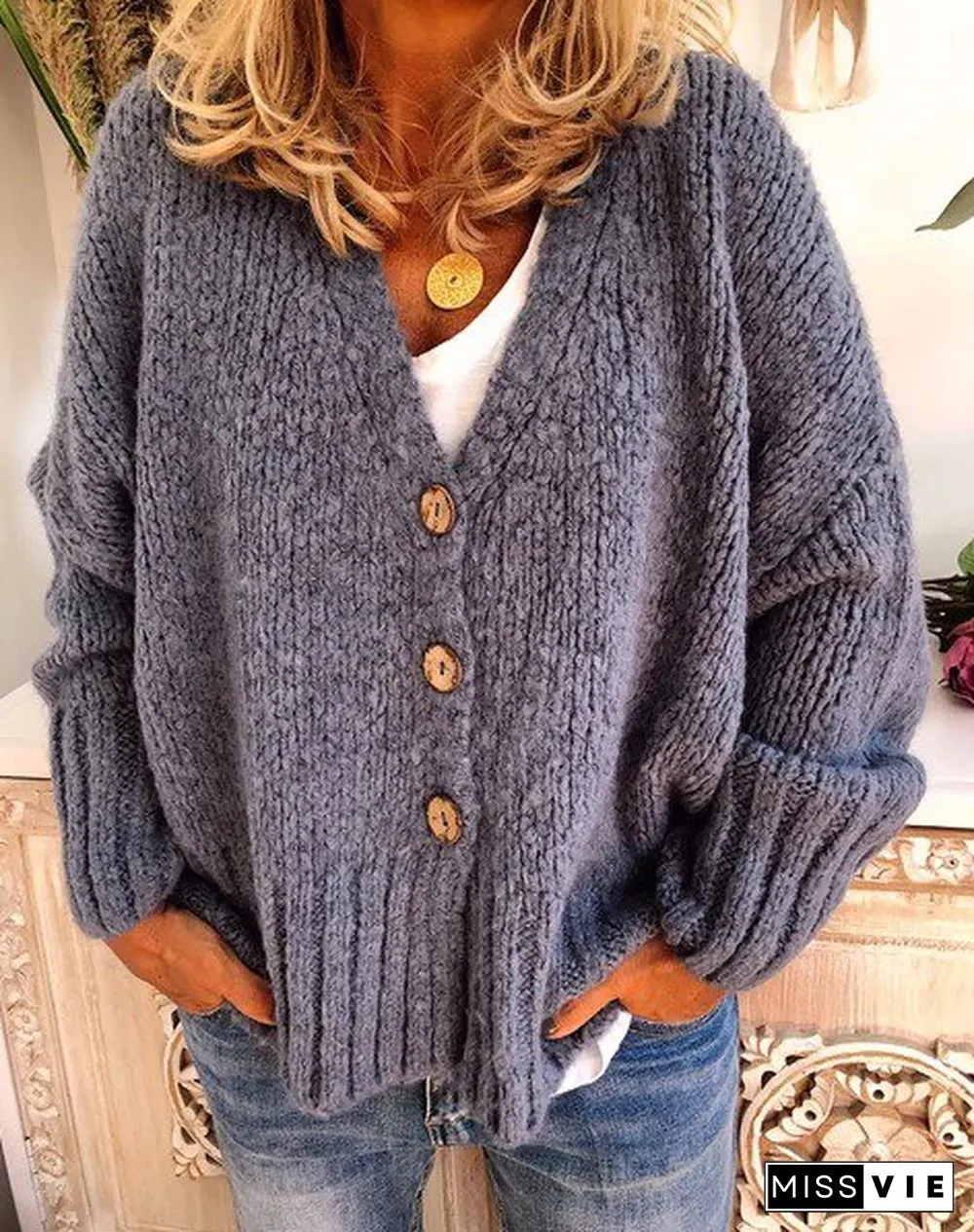 Plus Size Women Buttoned Casual Cardigans Sweater