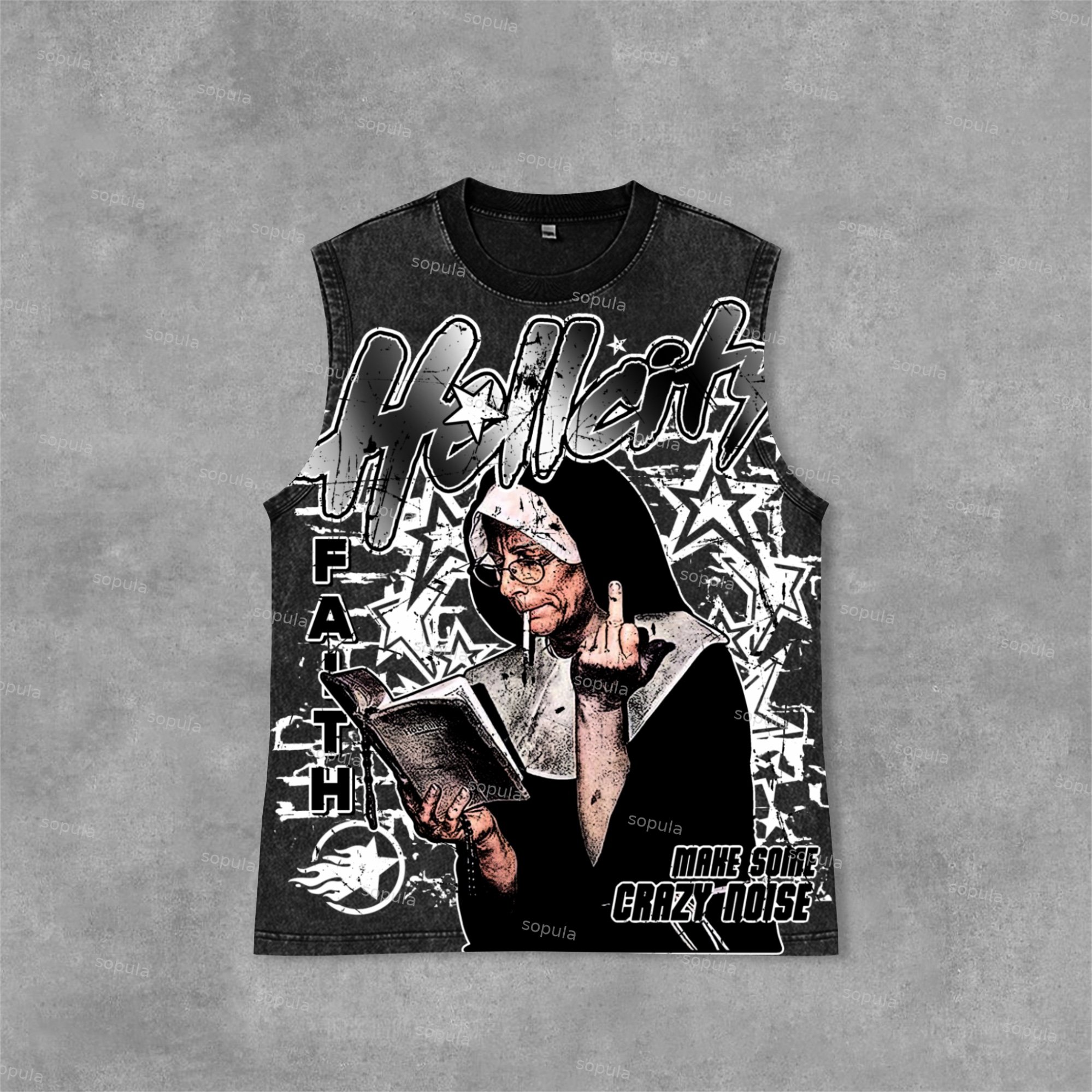 Hellcity - New Printed Pattern Design Print Acid Washed Sleeveless Tank Top - SOPULA