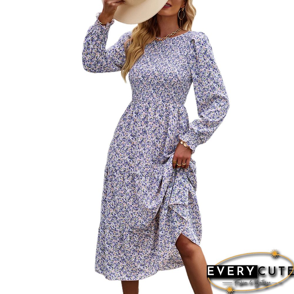 Purple Long Sleeve Pleated Midi Floral Dress