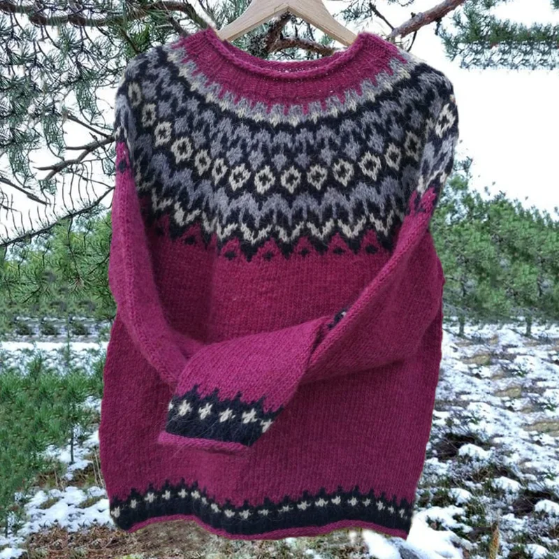 Vintage Jacquard Warmth Icelandic Knit Crew Neck Sweater(Unisex)