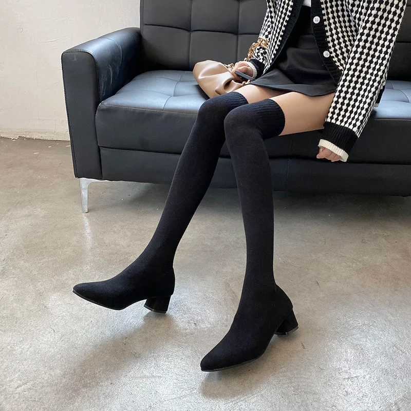 Wongn Wongn Stockings Boots Pointed Thin Boots Women Long Tube Knitting Wool Elastic Socks Boots Thick Heel High Heels Over The Knee Boots Women