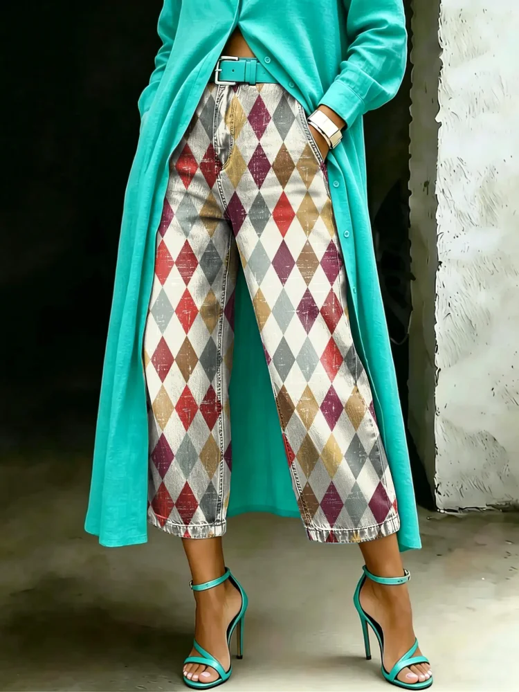 Women's Vintage Multicolor Rhombus Art Casual Wide Denim Pants