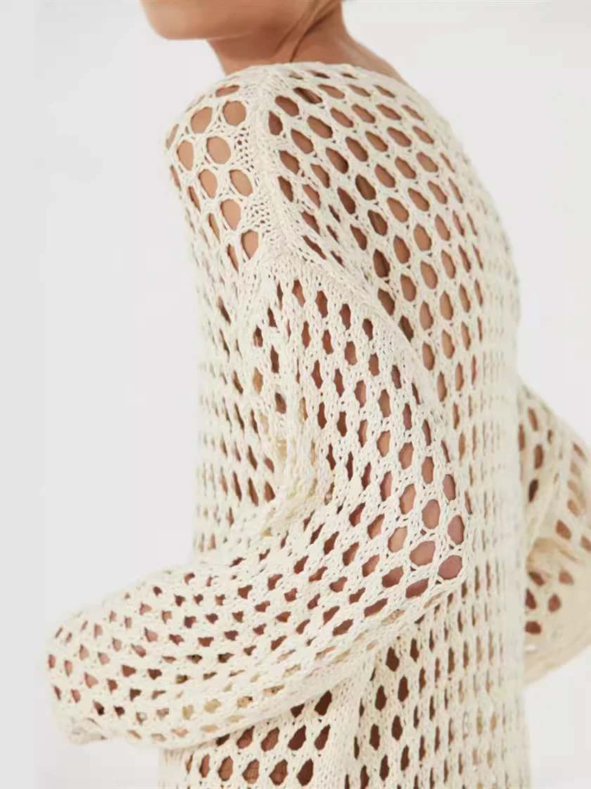 Uveng Uveng Hollow Beach Knitted Shirt Summer Seaside Vacation Long-Sleeved Sunscreen Cover