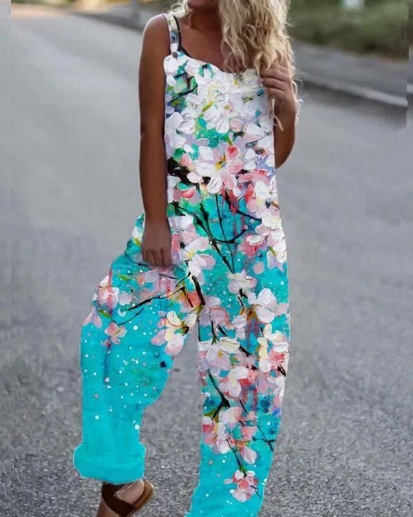 Casual Sleeveless Pocket Printed Jumpsuit