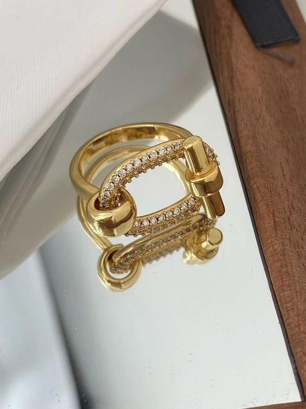 2 Pieces IG Style Oval Copper Zircon 18K Gold Plated Mixed Metal Plating Inlay Rings