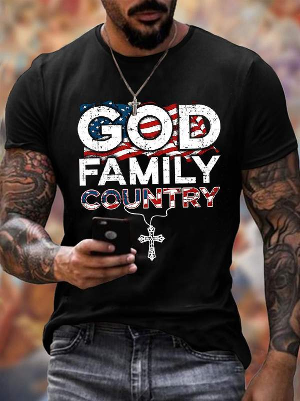 God Family Country Cotton Crew Neck T-shirt