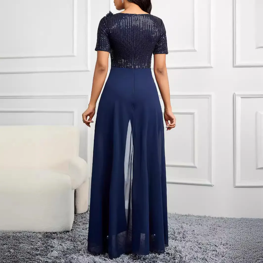 Uveng Uveng Solid-Color V-Neck Fashion Sleeves Sleeves Elegant Body-Pair Party Jumpsuits