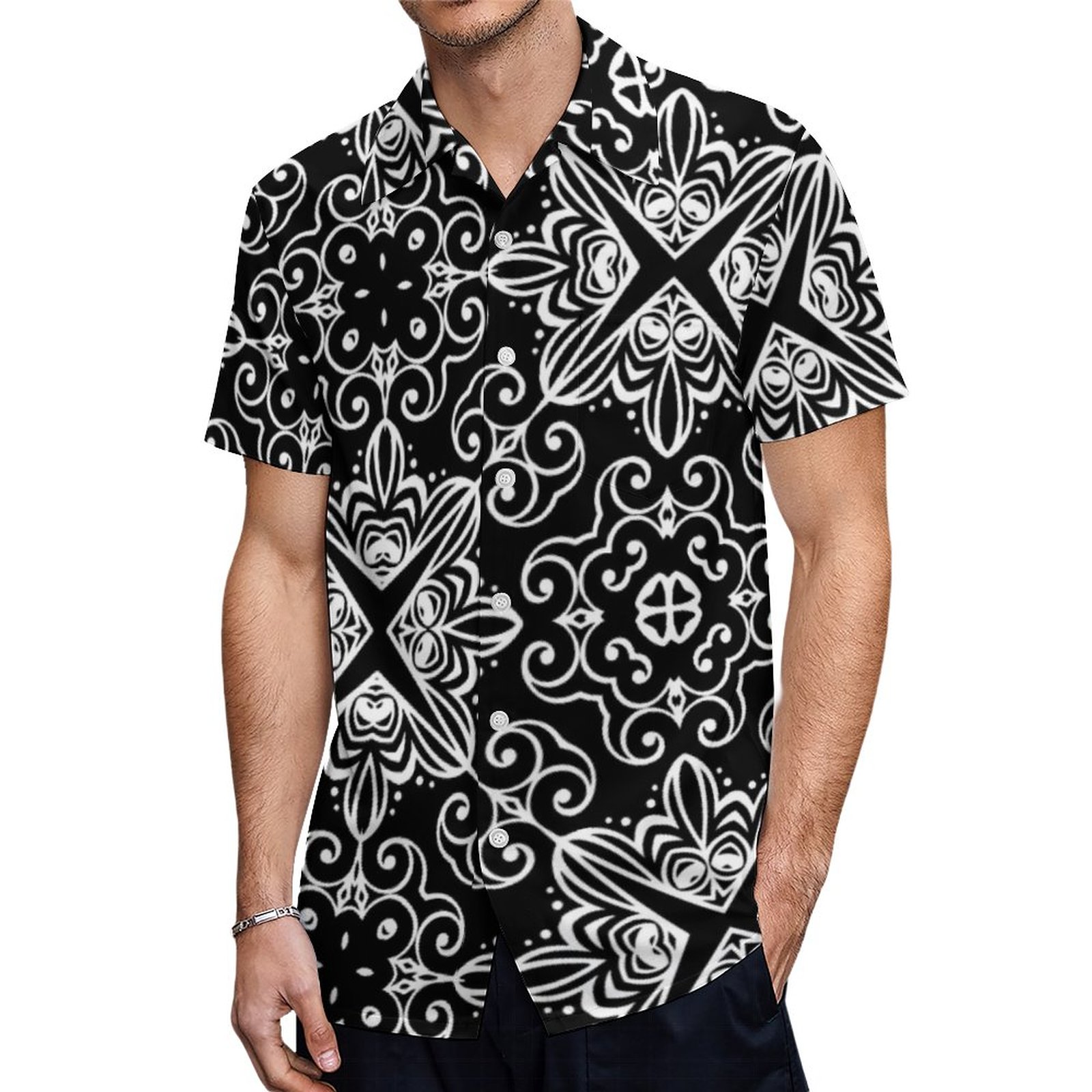Black And White Baroque Gothic Mosaic Pattern Hawaiian Shirt Mens Button Down Tropical Hawaii Beach Shirts