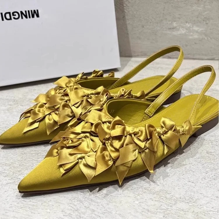 Yyvonne New Flat-Bottomed Sandals Women's French Temperament Bows Cool Slippers Low Heel Pointy Cloth Single Shoes