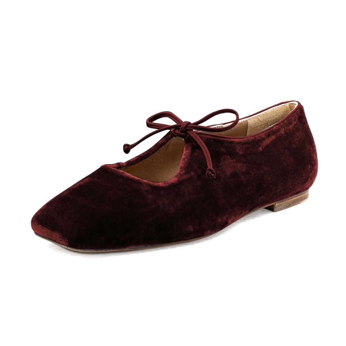 Women's Velvet Square Toe Lace Up Vintage Maroon Ballet Flats Nicepairs