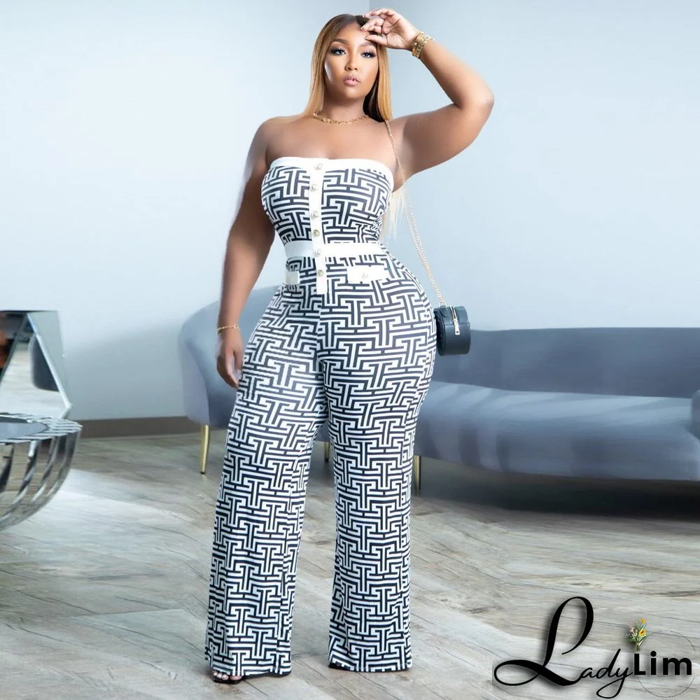 Sexy Fancy Strapless Plus Size Print Jumpsuit Nightclub