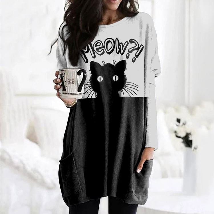 Vefave Casual Meow Print Long Sleeve Tunic