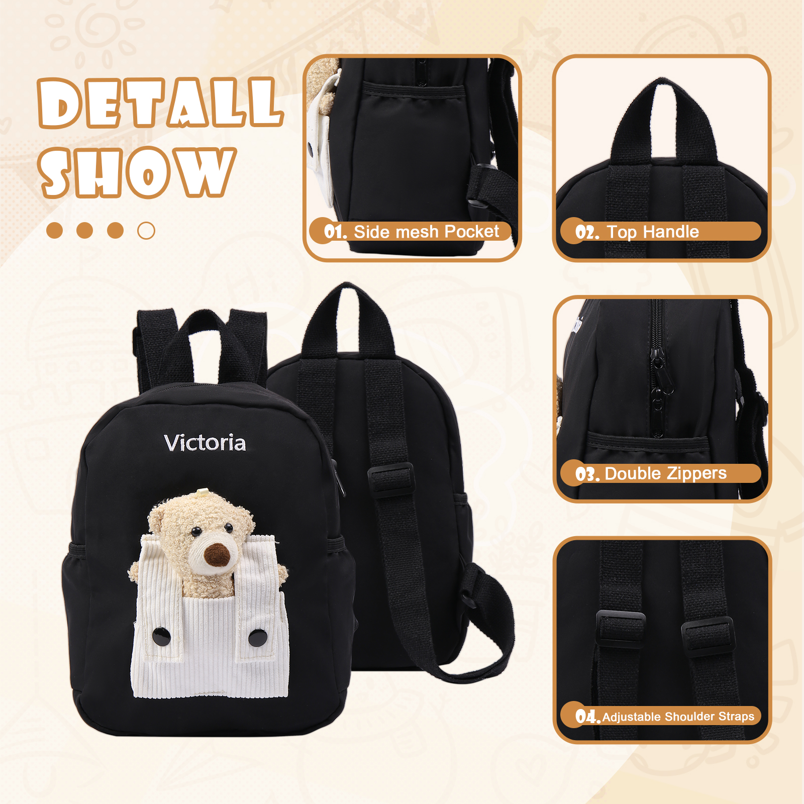 Personalised Bear School Bag Custom Name Canvas Backpack Back To School Gift for Kids-Jessemade AU