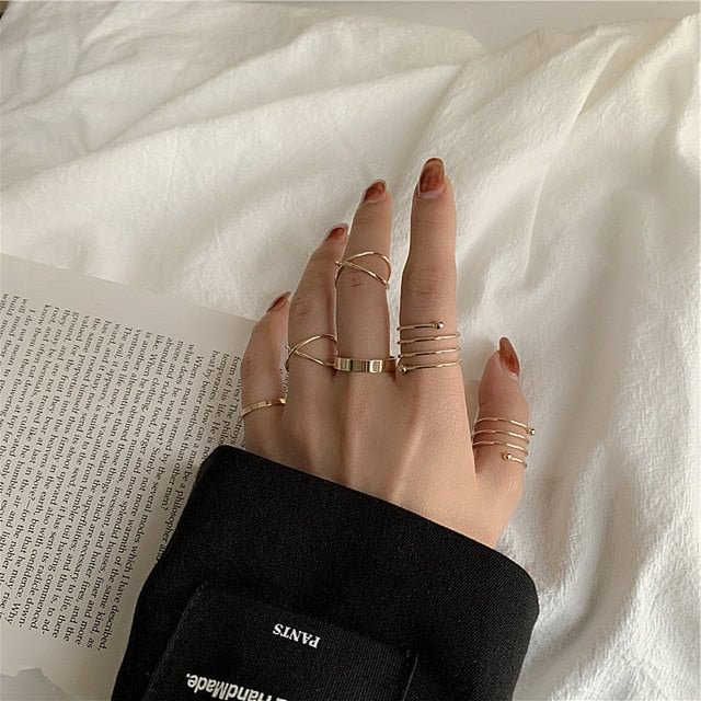 YOY-Gold Silver Black Color Hollow Geometric Rings Set