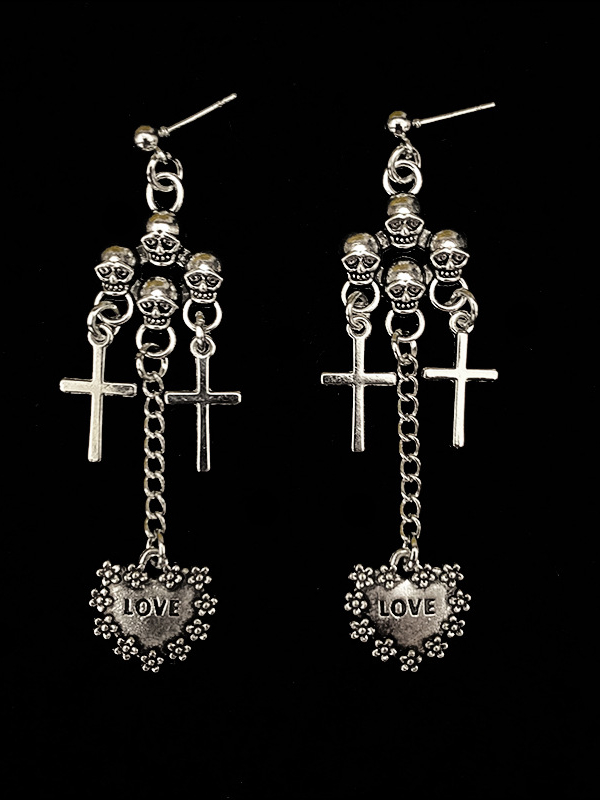Vintage Heart Skull Flower Cross Chains Earrings