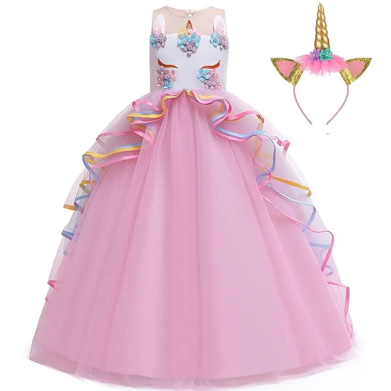 2021 Carnival Cosplay Costume Long Unicorn Dress Girl Kids Dresses For Girls Children Party Dress Birthday Dress Up 10 14 Years