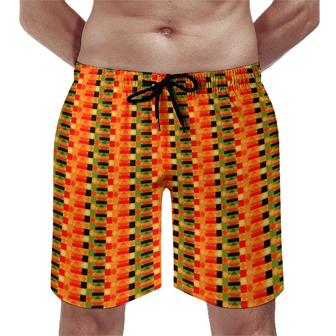 African Kente Cloth Print Stained Glass Tribal Print Men's Swim Trunks Summer Board Shorts Quick Dry Beach Short with Pockets
