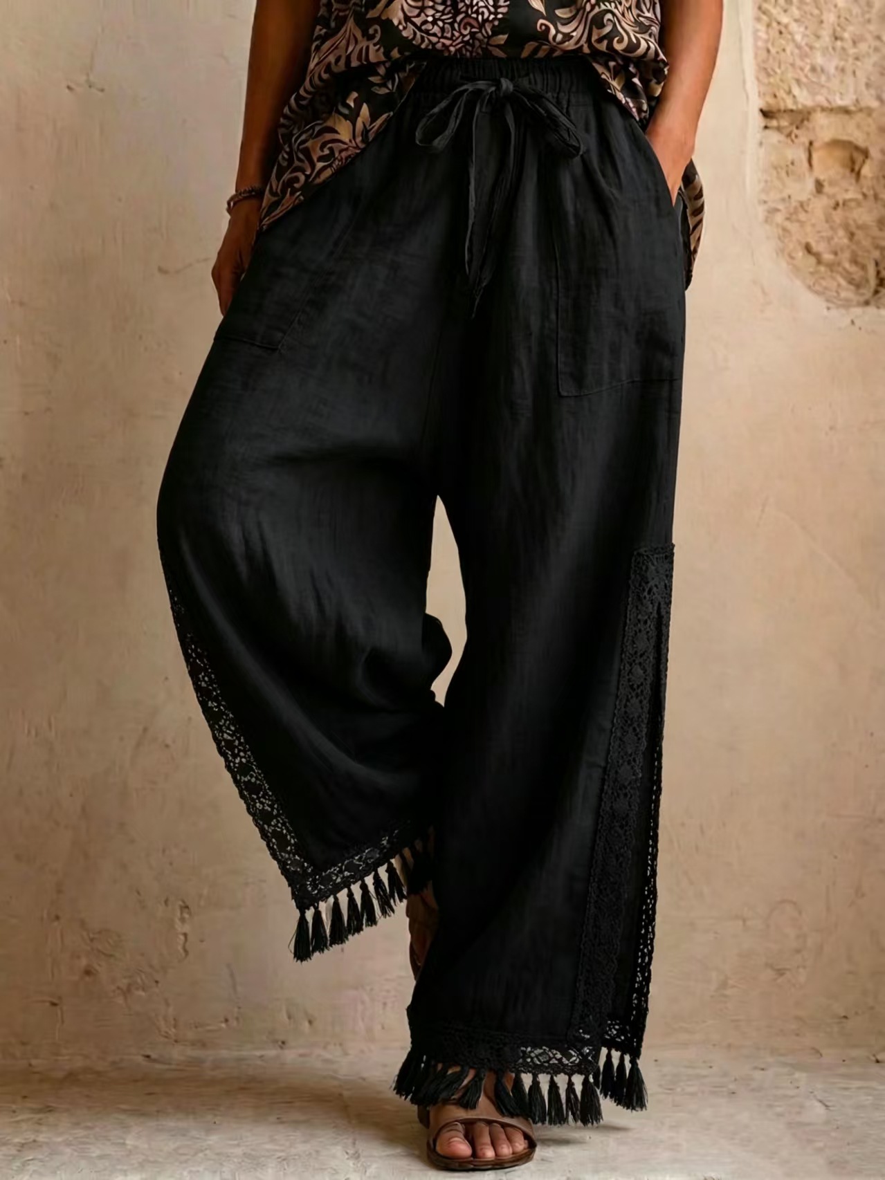 Women's Lace Tassel Split Drawstring Waist Linen Wide Leg Pant | 168DEAL