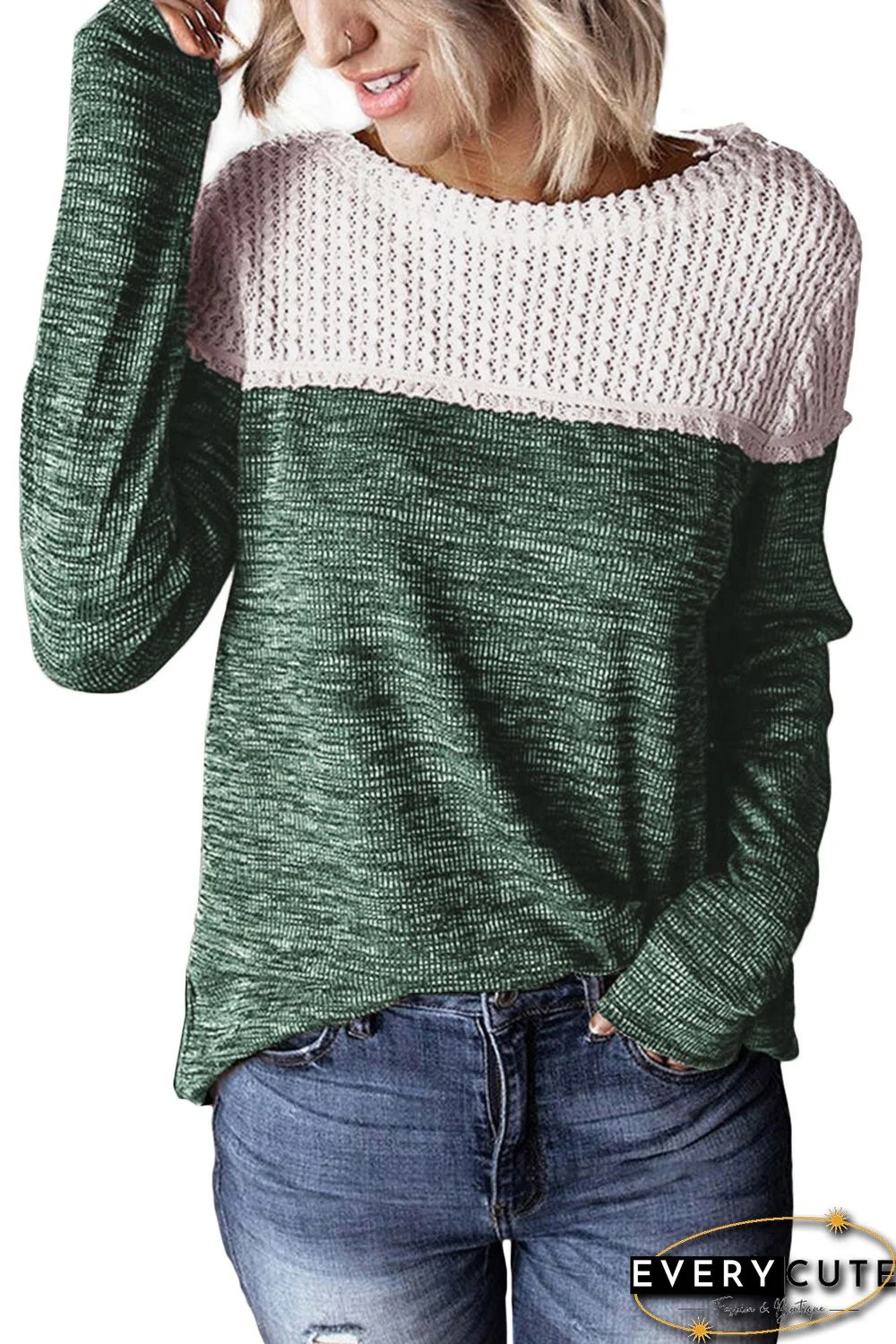 Green Colorblock Crochet Hollow Out Long Sleeve Top