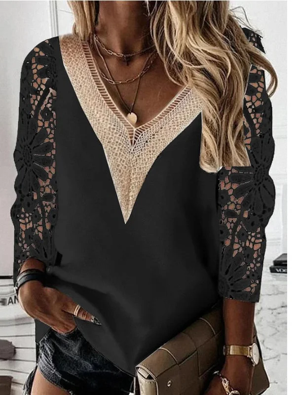 Women's Long Sleeve V-neck Lace Stitching Top