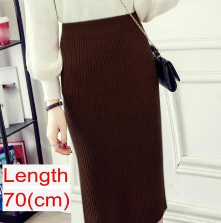 Women Knitted Pencil Skirts Slim Solid Basic Ladies Office High Waist Elegant Midi Skirt 2020 Autumn Winter Warm Womens Skirts