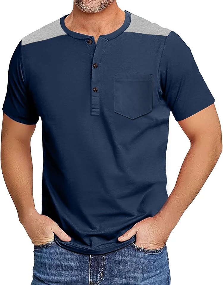 Men's V-Neck Color Block Short Sleeve Henley Shirt