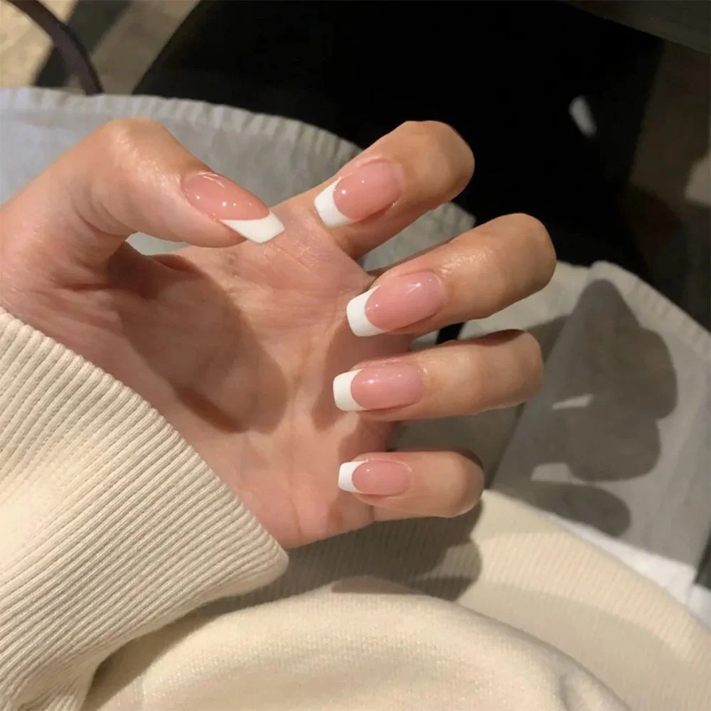 Applyw Summer Short Natural Nude White French Nail Tips False Fake Nails Acrylic Press on Ultra Easy Wear for Home Office Wear