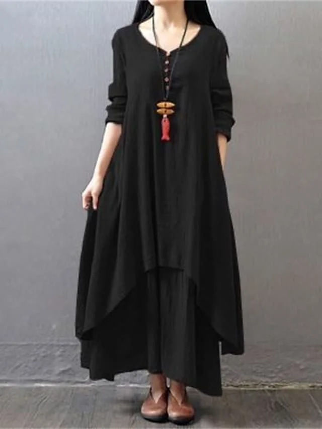 Women's Cotton Linen Dress Casual Dress Linen Dress Maxi long Dress Cotton Cotton And Linen Stylish Casual Winter Dress Daily Holiday V Neck Button Layered Long Sleeve Summer Spring Fall 2022 Loose | IFYHOME