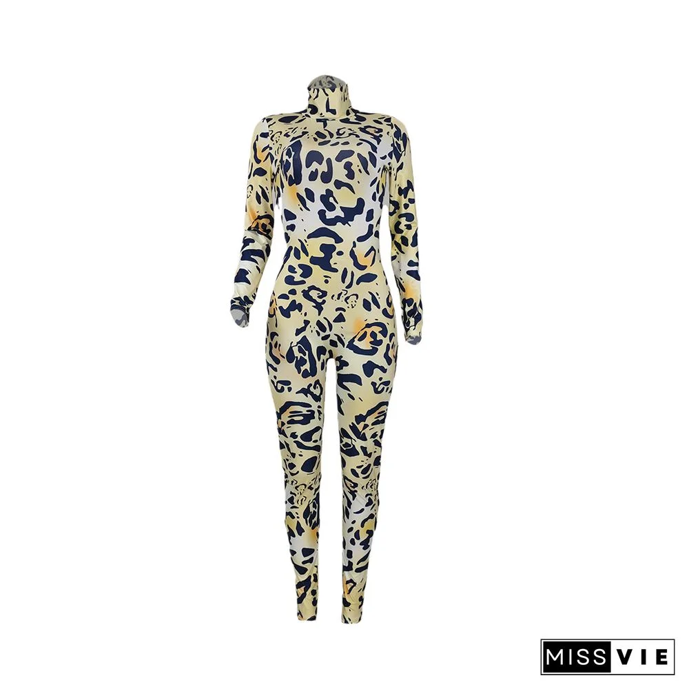 Leopard Print Turtleneck Long Sleeve Skinny Jumpsuit