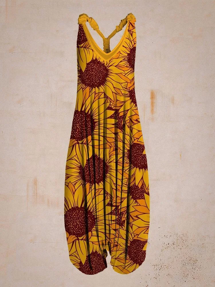Women Vintage Sunflower Sleeveless Harem Jumpsuit