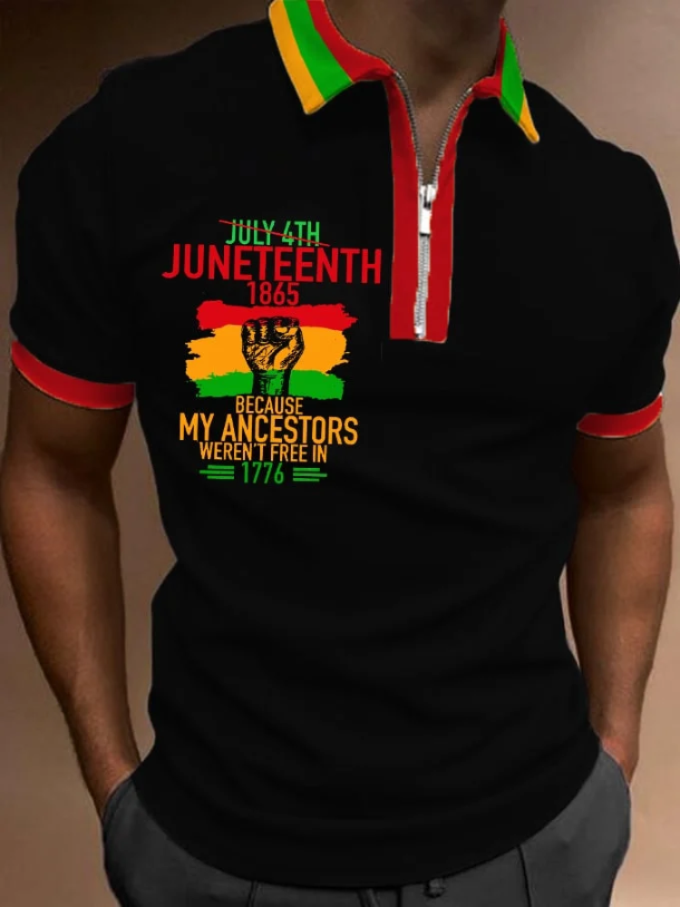 BrosWear Men's Juneteenth 1856 Because My Ancestors Weren't Free In 1776 Print Zip Collar Polo Shirt