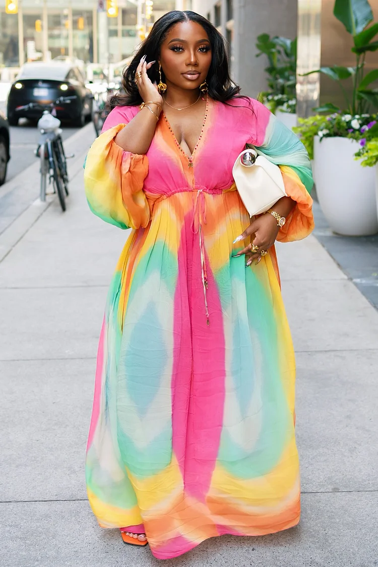 V Neck Long Bell Sleeve Tie Dye Print Maxi Dresses-Multicolor [Pre Order]