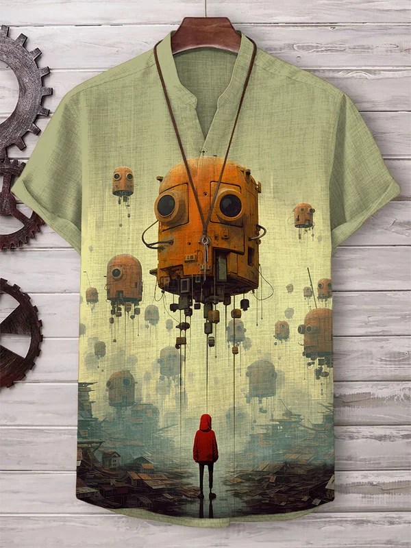 Men's Retro Robot Future Sci-Fi Art Print Casual V Neck T-Shirt