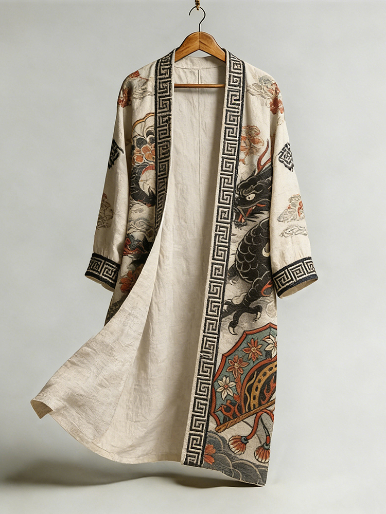 Vintage Dragon Art Pattern Flowy Linen Long Kimono elevenforest