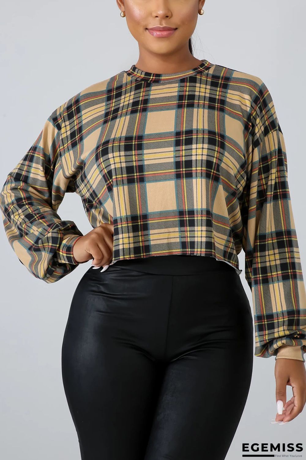 Khaki O Neck Long Sleeve crop top Print Plaid Long Sleeve Tops | EGEMISS