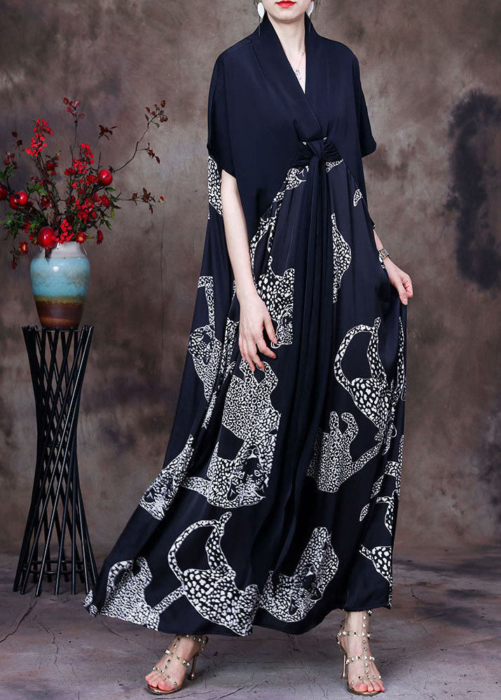 VCSHOES Loose Black V Neck Patchwork Print Silk Vacation Long Dress Short Sleeve