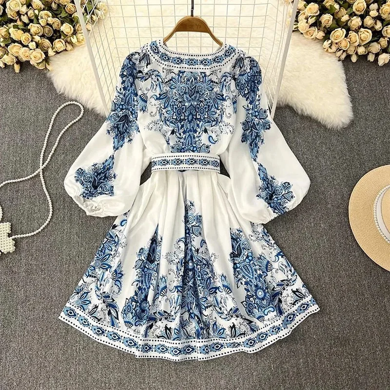 Woherb Woherb Spot Spring 2023 New Ladies Fashion V-Neck Long Sleeve Bohemian Print Dress-Outfit Ideas